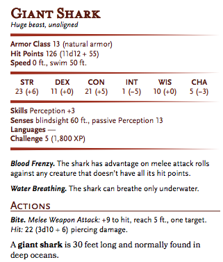 Statistics for the D&D 5e giant shark from the Basic rules.